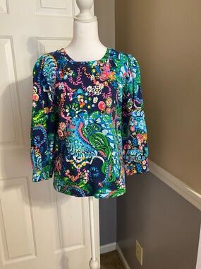 Lilly Pulitzer Navy Multicolor Floral Paisley Puff-Sleeve Top